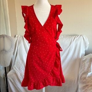 Red with dots wrap dress.